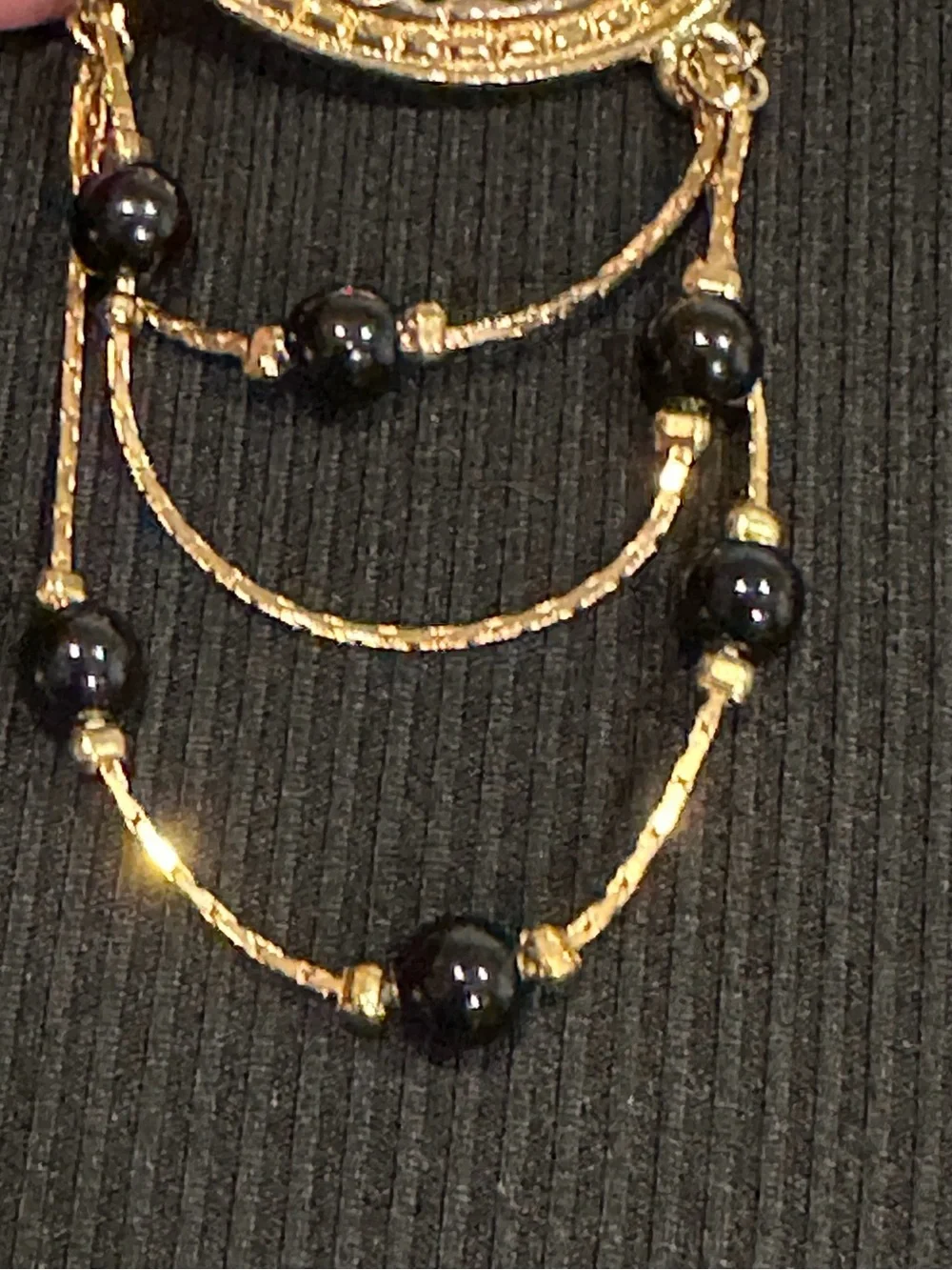 Vintage 1970s Victorian Revival Gold Tone Swag Brooch with Black Bead Dangles